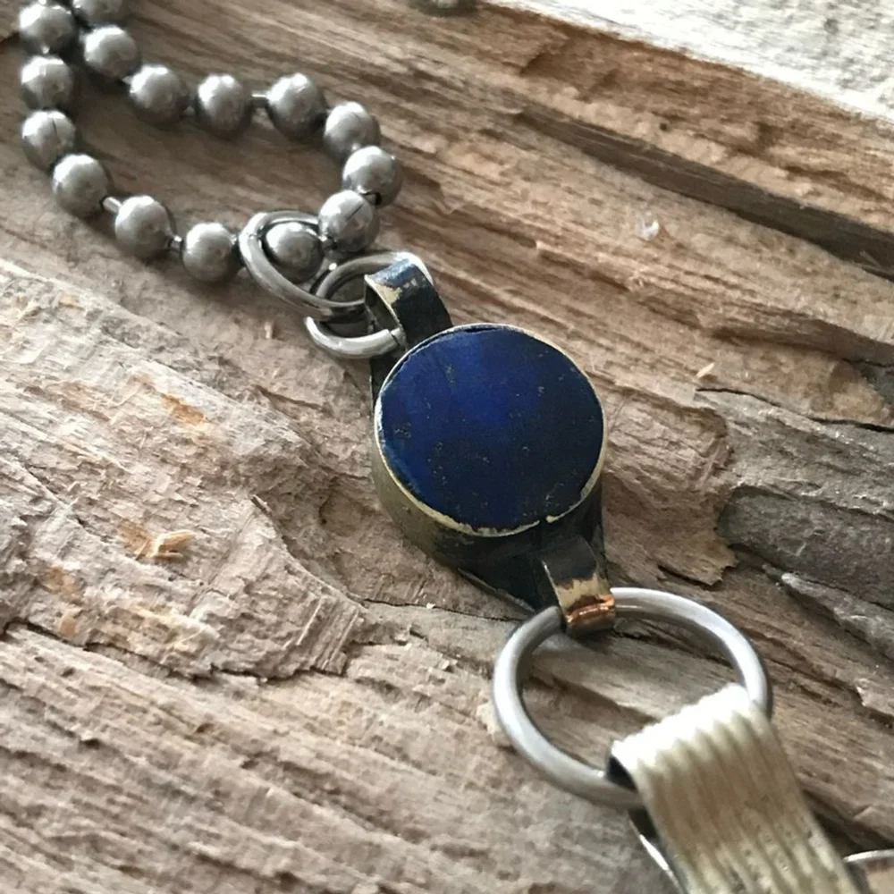 Rustic Lapis Lazuli Ethnic Coin Charm Necklace - 30 Inch Chain